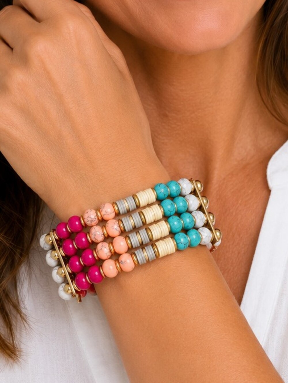 Colorblock Beaded 4-tier Band Bracelet - Turquoise, Coral, White, Cranberry